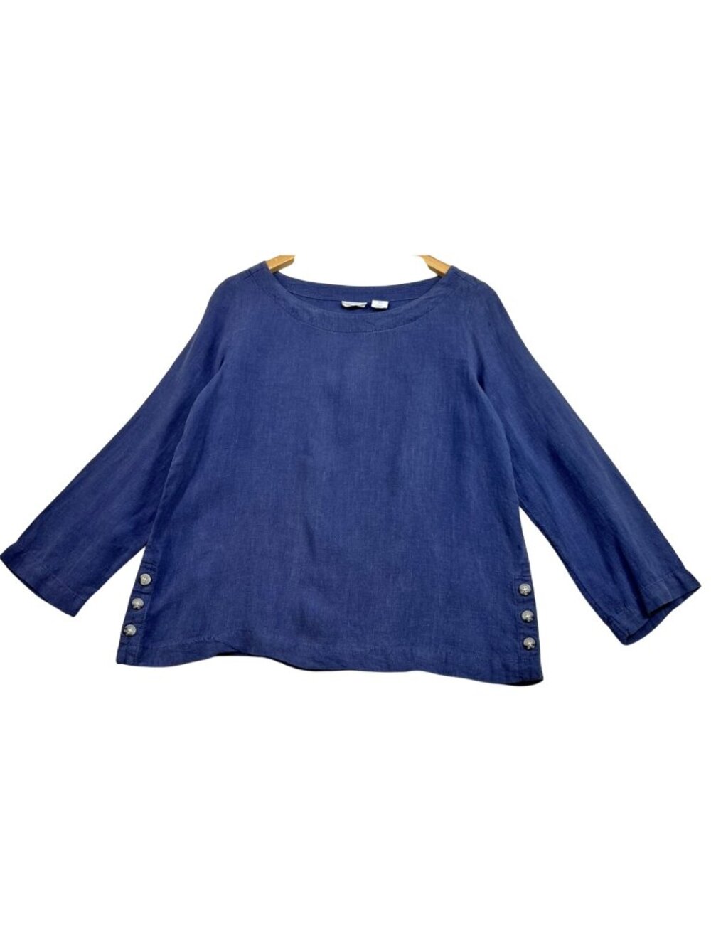 Sigrid Olsen Women's Side Button Linen Denim Top Long Sleeve Size S Blue Solid